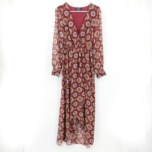 Lulus Art and Soul Burgundy Multi Print Long Sleeve High-Low Dress Red Size XS